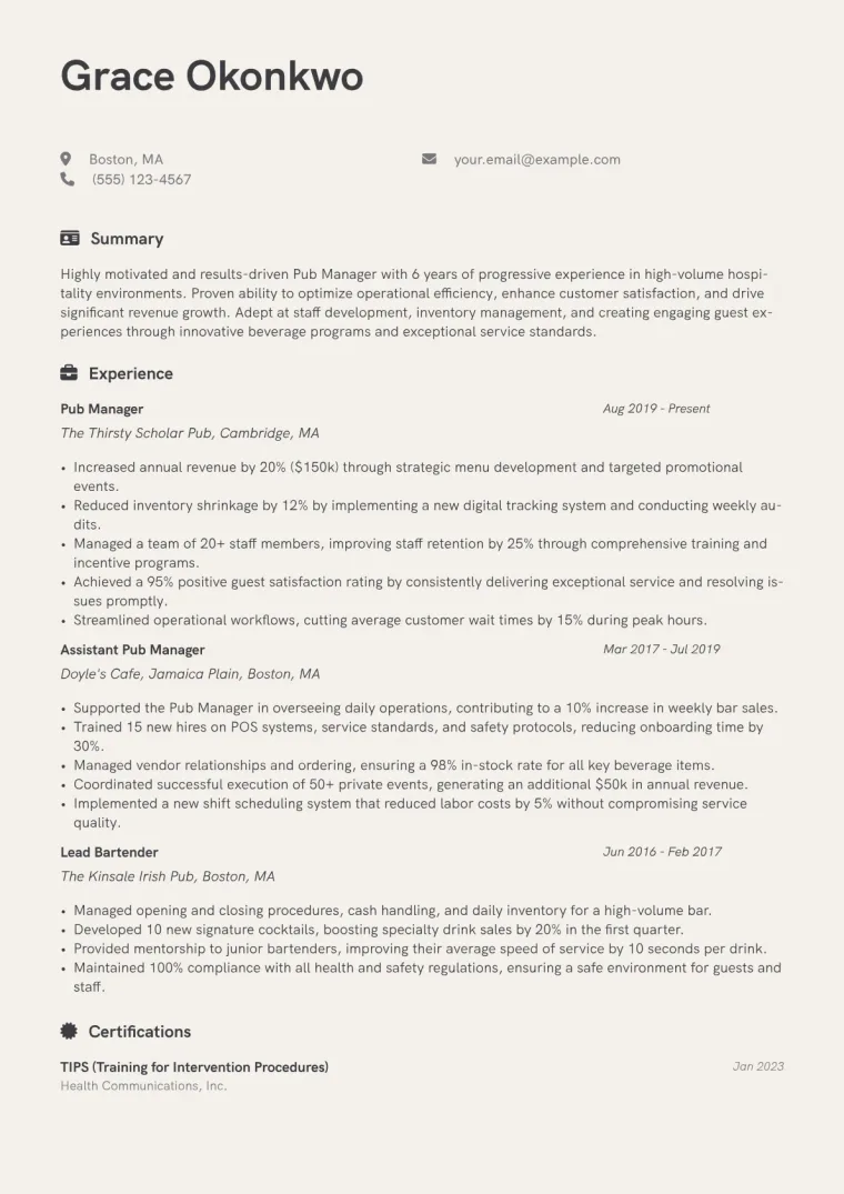Pub Manager Resume Example CV template preview
