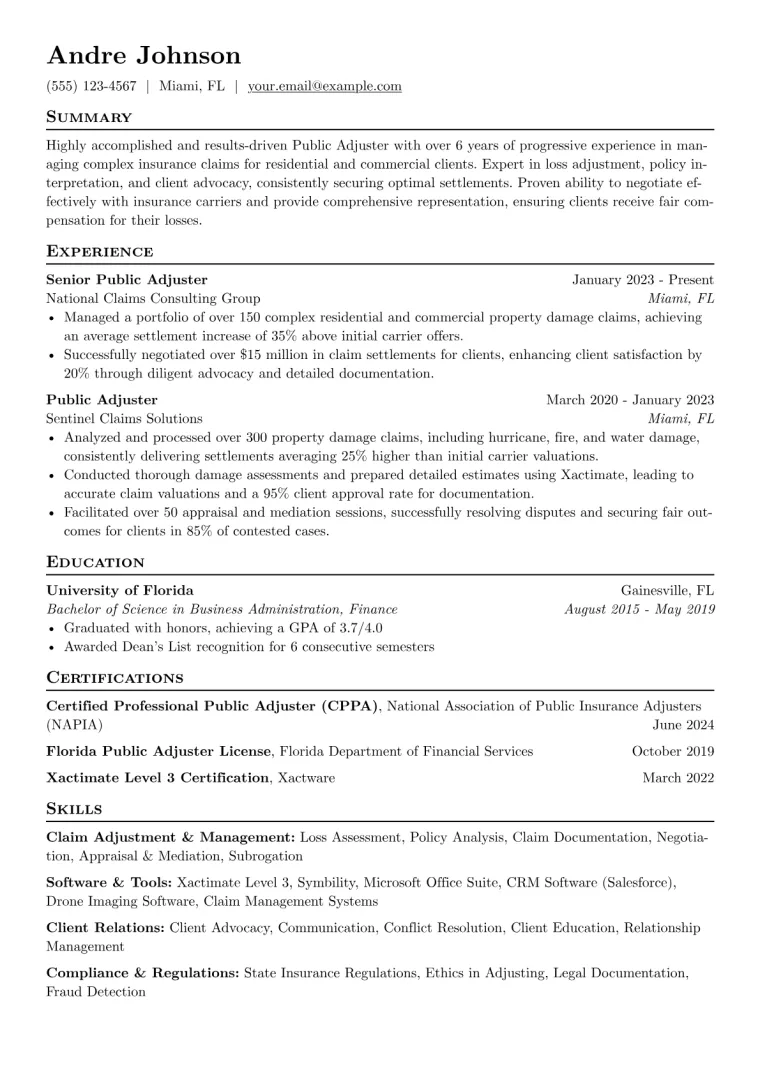Public Adjuster Resume Example preview