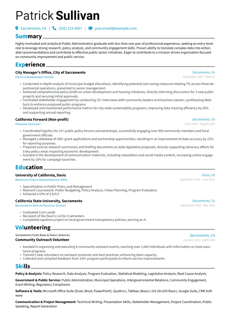 Public Administration Resume Example CV template preview