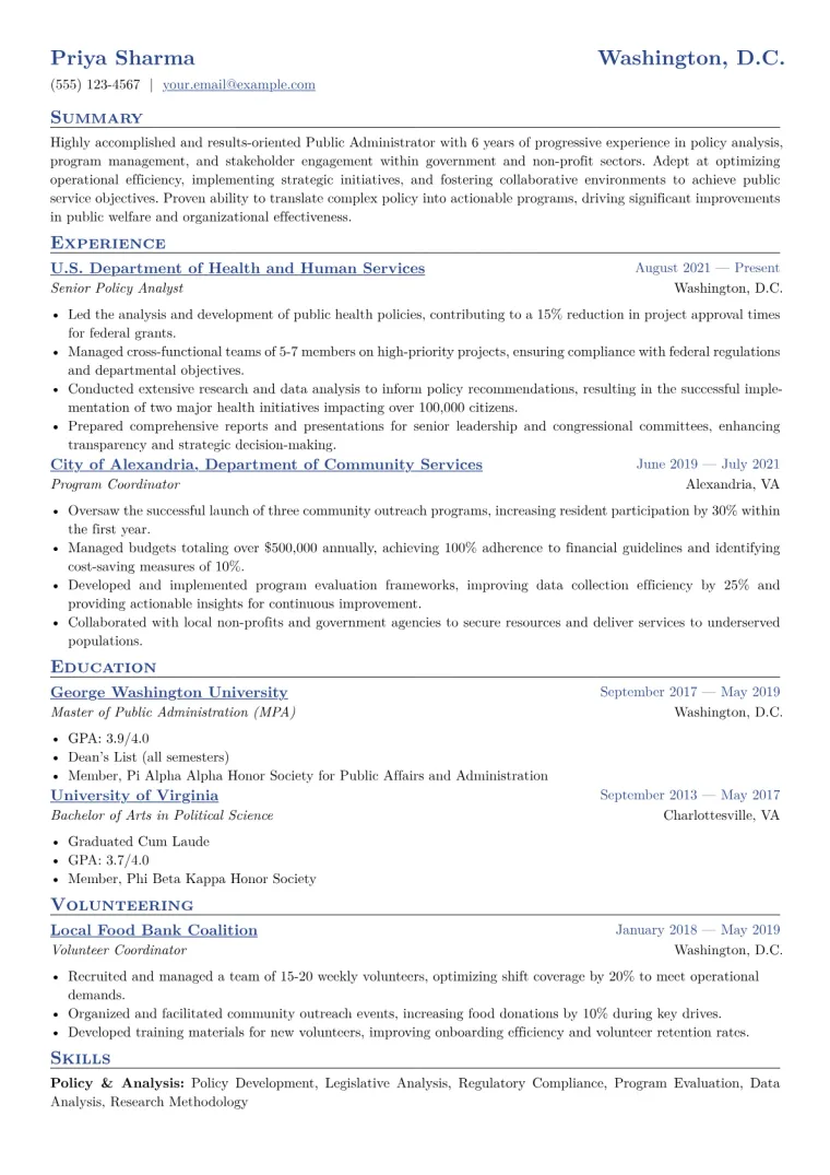 Public Administrator Resume Example CV template preview