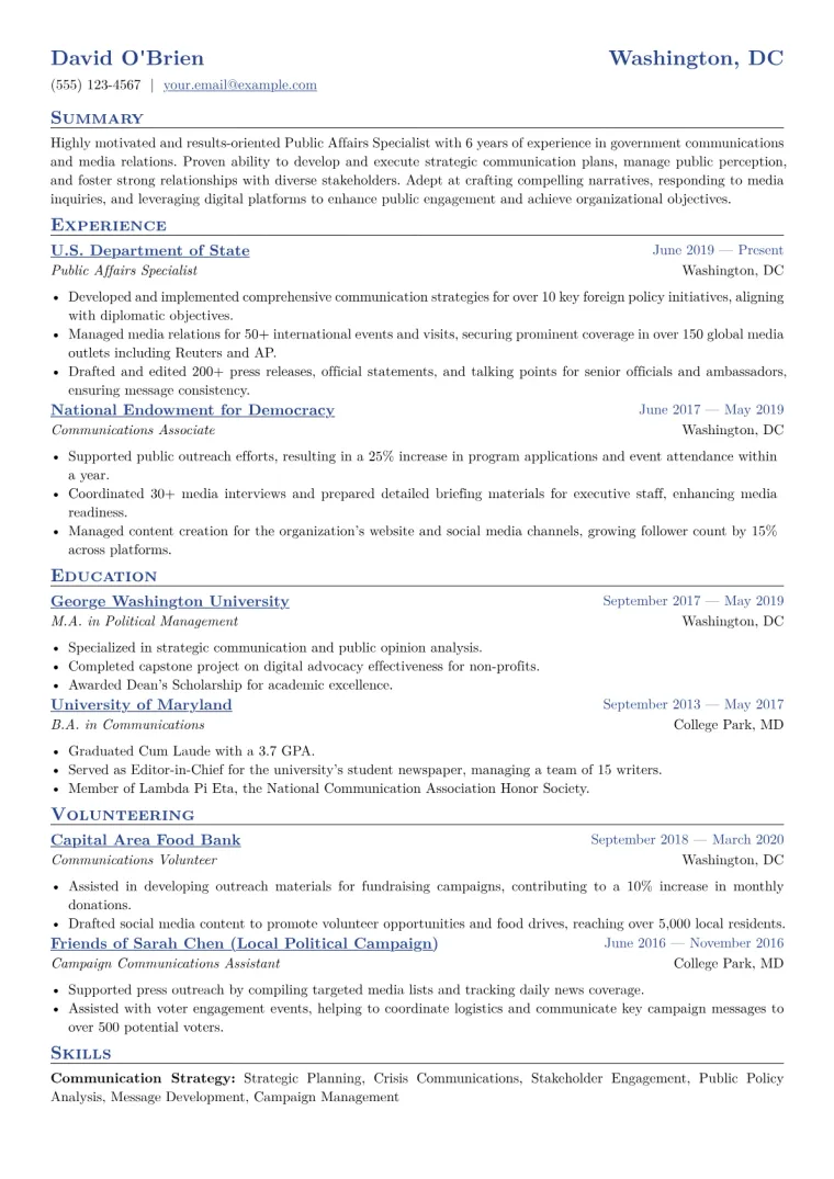 Public Affairs Specialist Resume Example CV template preview