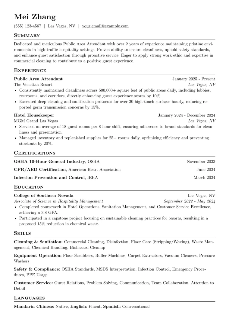 Public Area Attendant Resume Example CV template preview