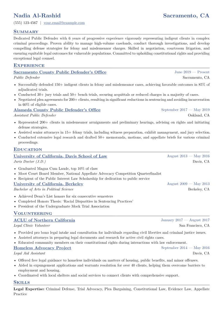 Public Defender Resume Example CV template preview