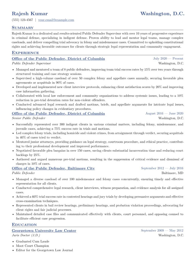 Public Defender Supervisor Resume Example CV template preview