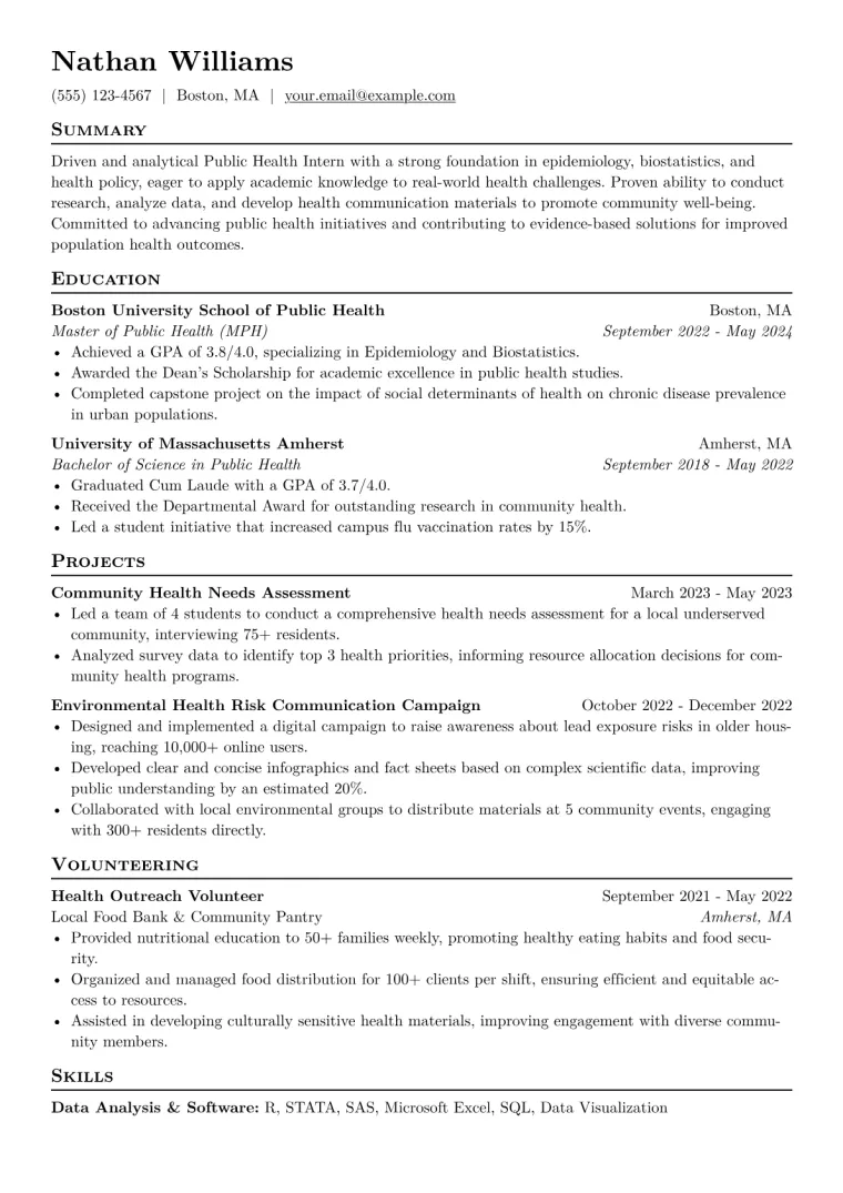 Public Health Intern Resume Example CV template preview