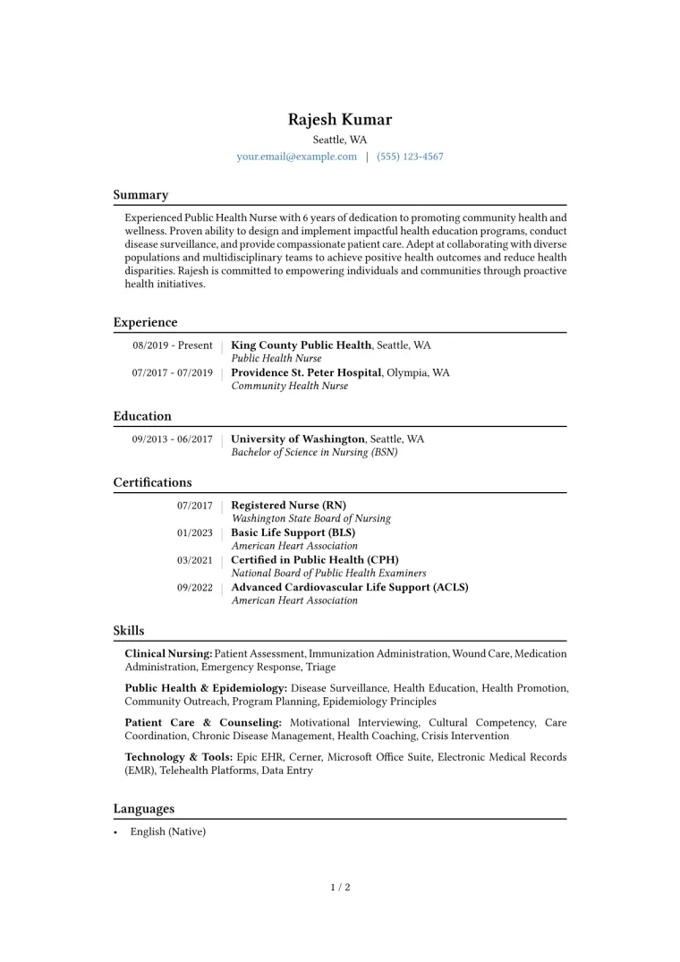 Public Health Nurse Resume Example CV template preview