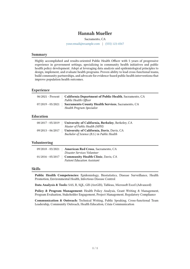Public Health Officer Resume Example CV template preview