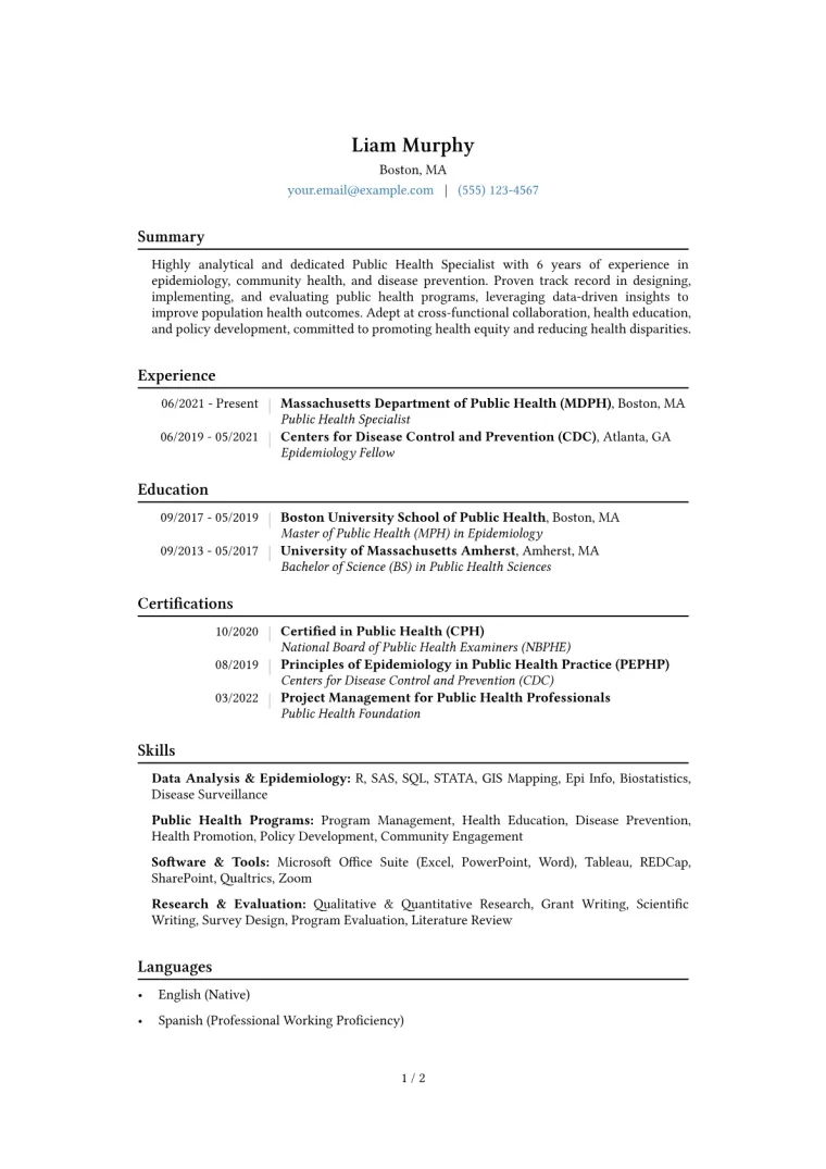 Public Health Specialist Resume Example CV template preview