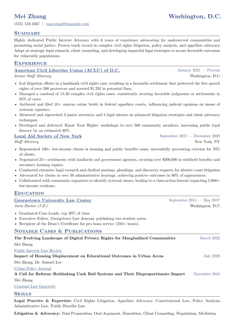 Public Interest Attorney Resume Example CV template preview