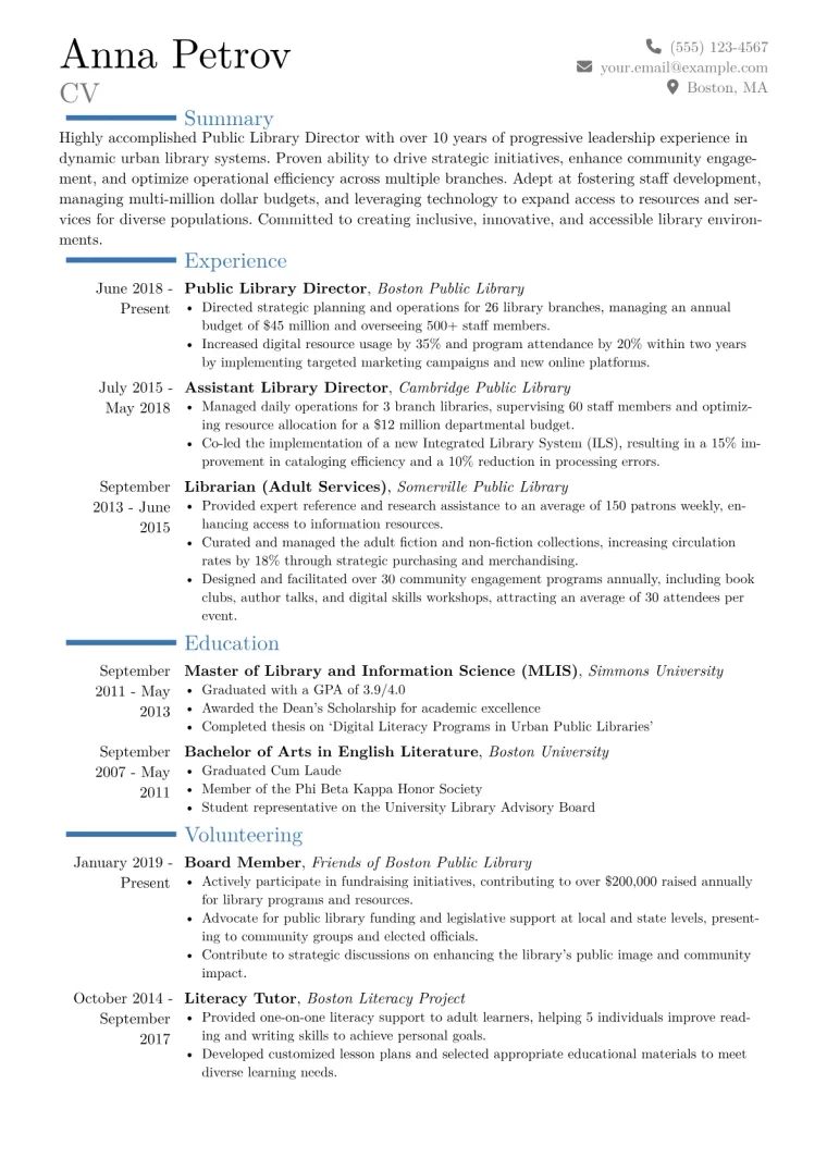Public Library Director Resume Example CV template preview