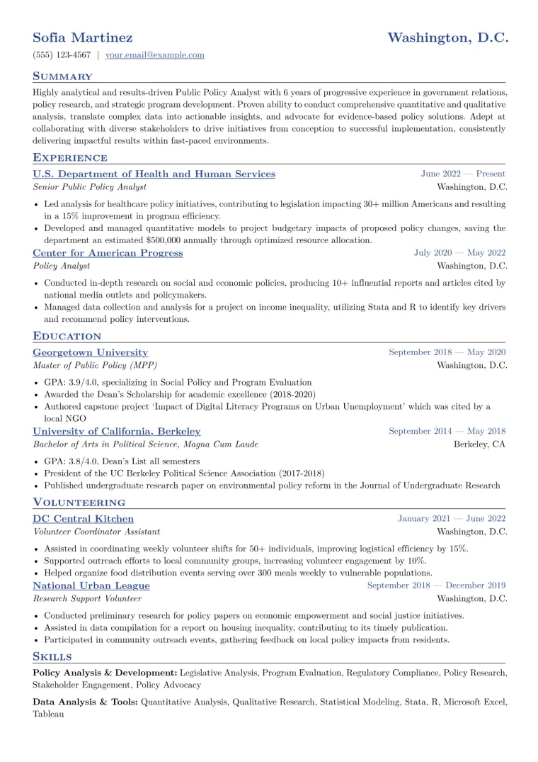 Public Policy Analyst Resume Example CV template preview