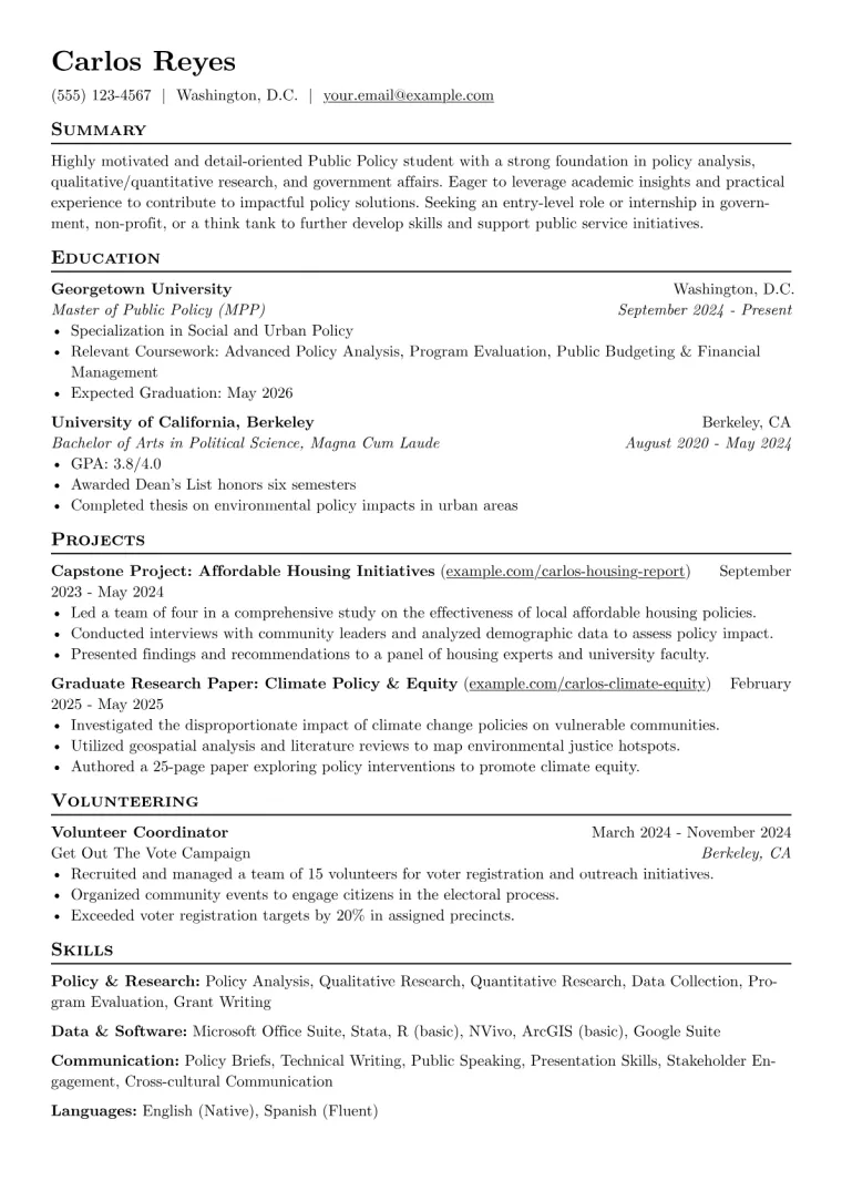 Public Policy Student Resume Example CV template preview