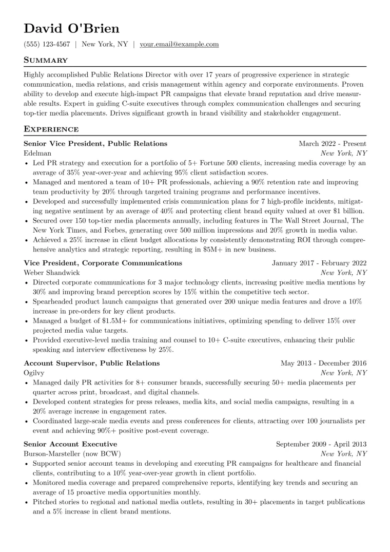 Public Relations Director Resume Example preview