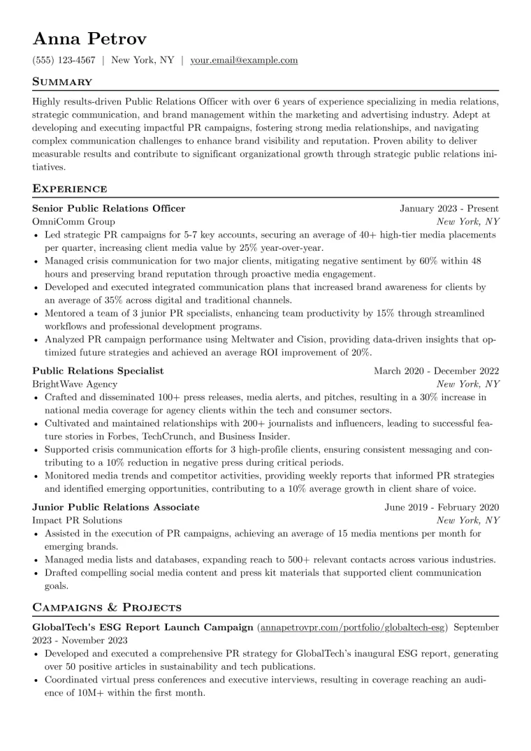 Public Relations Officer Resume Example preview