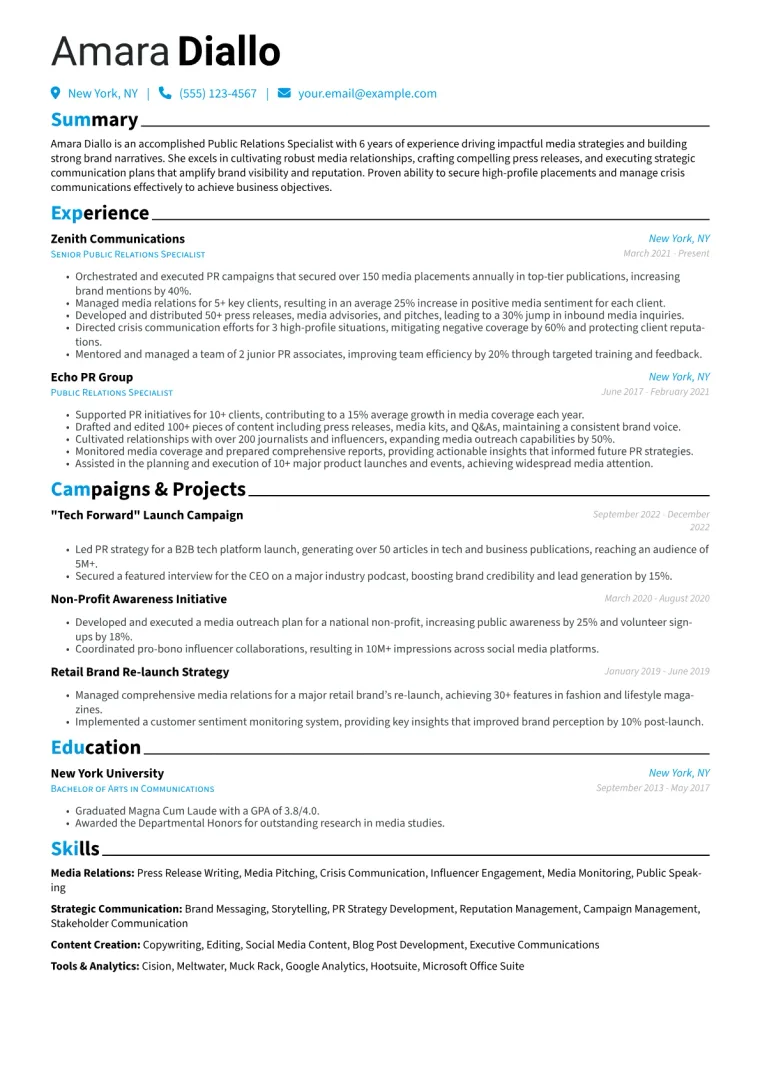 Public Relations Specialist Resume Example CV template preview