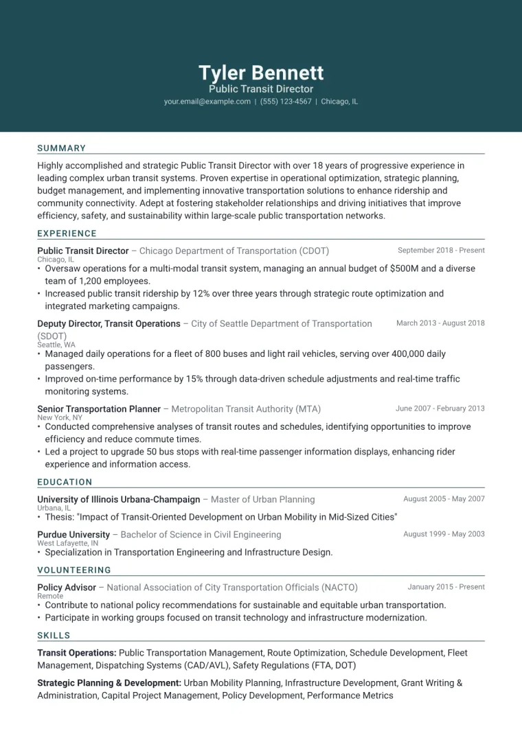 Public Transit Director Resume Example CV template preview