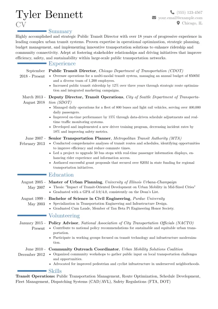 Public Transit Director Resume Example CV template preview