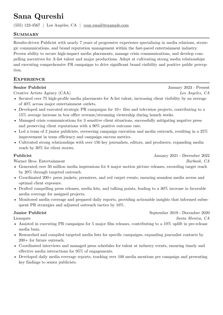 Publicist Resume Example CV template preview
