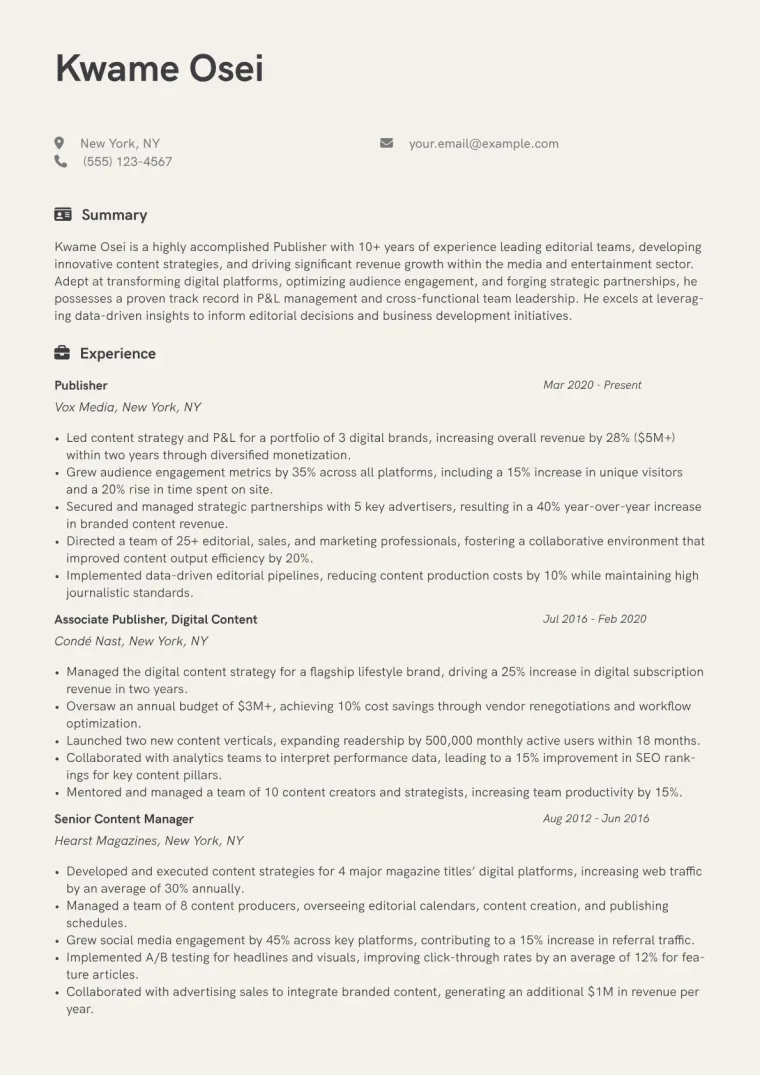 Publisher Resume Example CV template preview