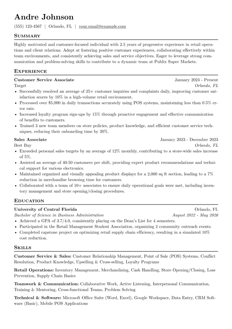 Publix Resume Example CV template preview
