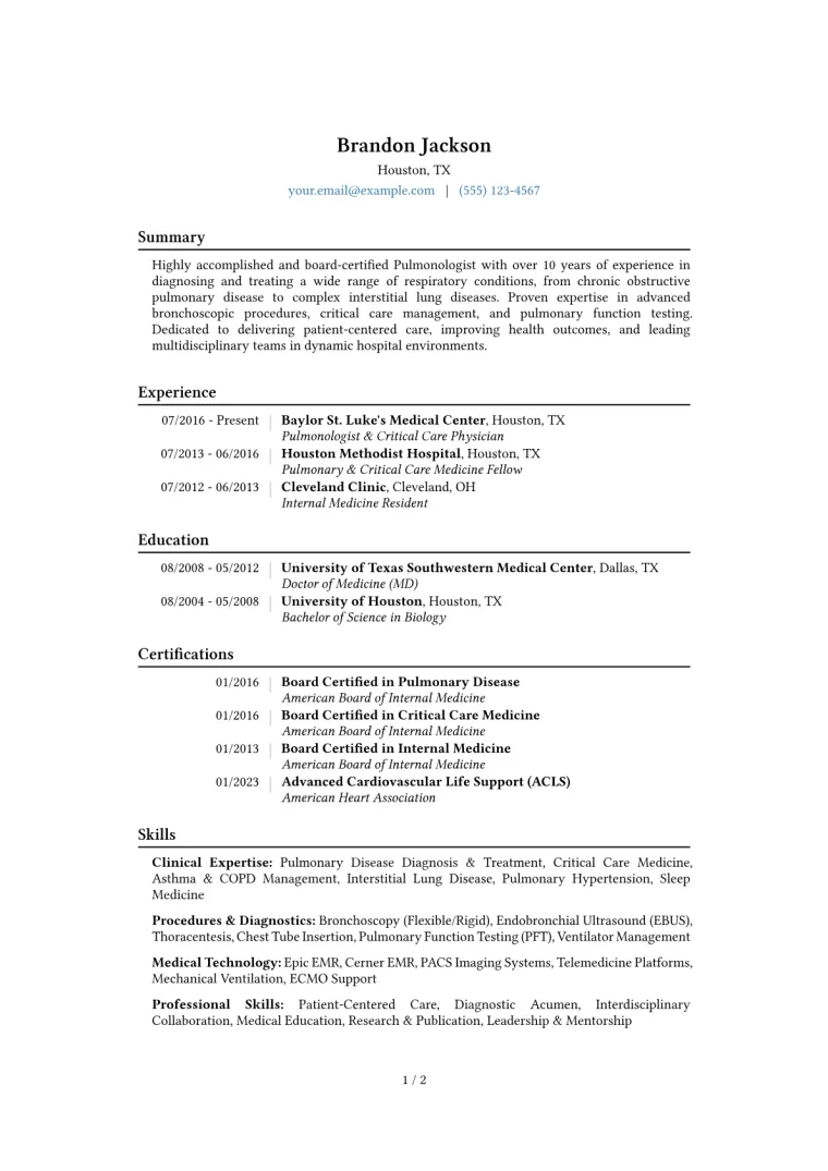 Pulmonologist Resume Example CV template preview