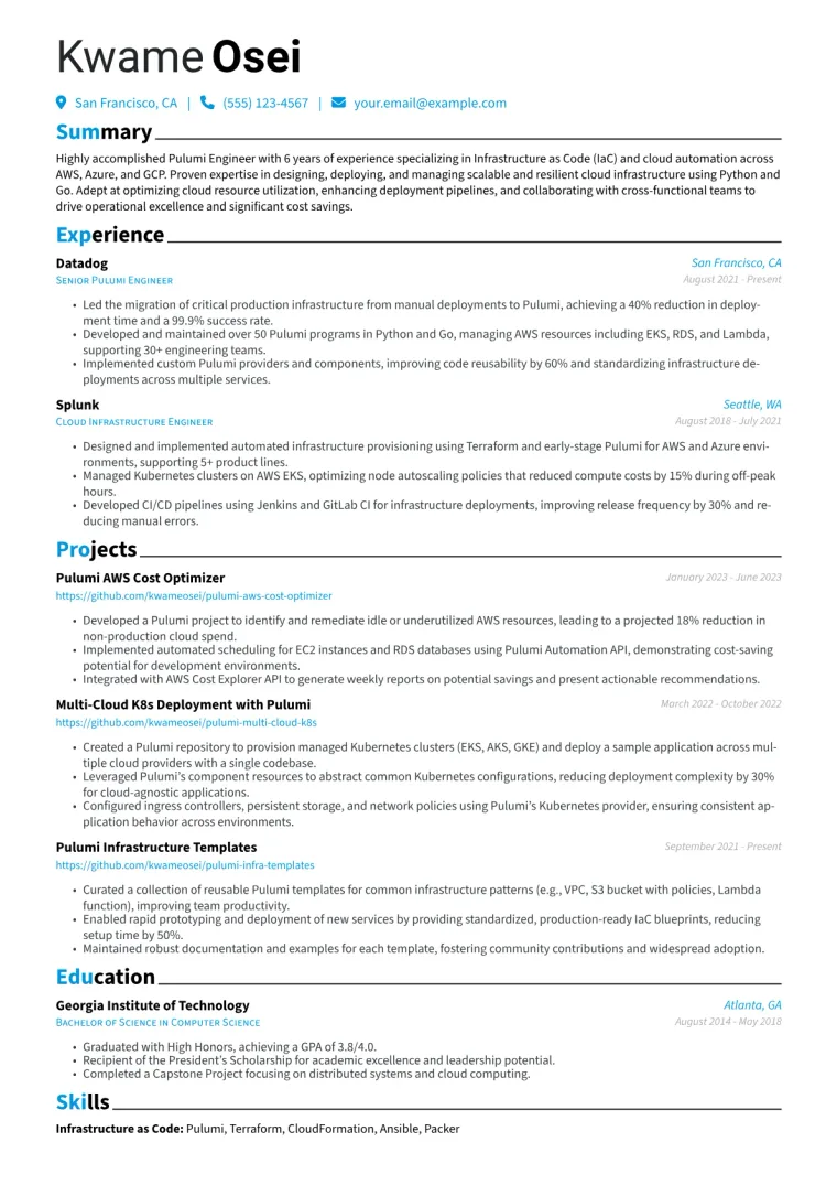 Pulumi Engineer Resume Example CV template preview