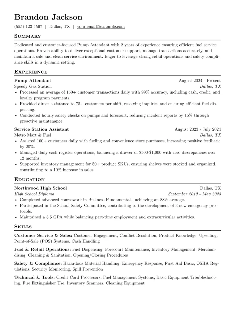 Pump Attendant Resume Example CV template preview