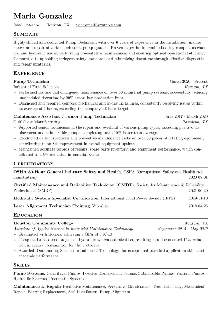 Pump Technician Resume Example CV template preview