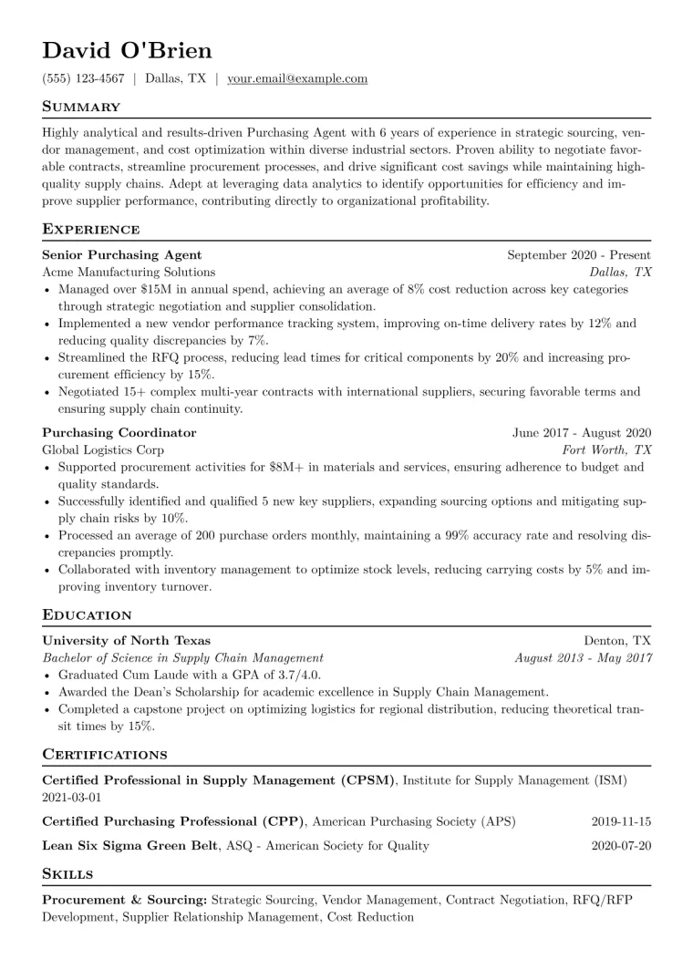 Purchasing Agent Resume Example CV template preview