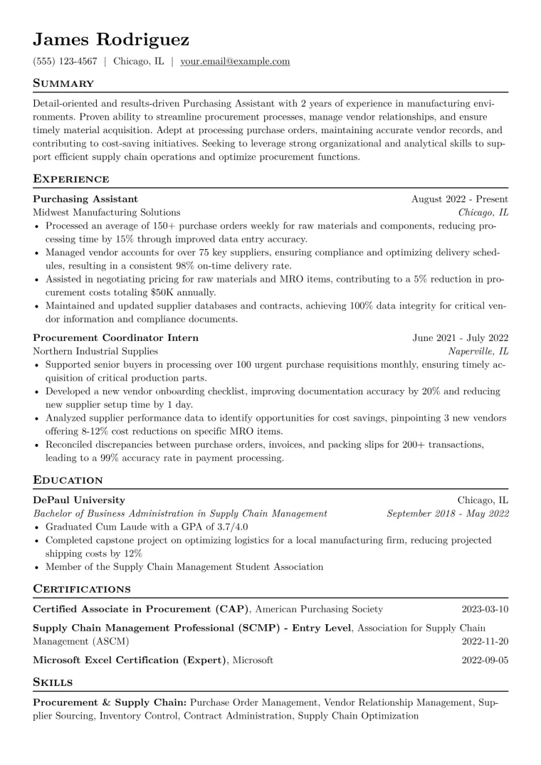 Purchasing Assistant Resume Example CV template preview