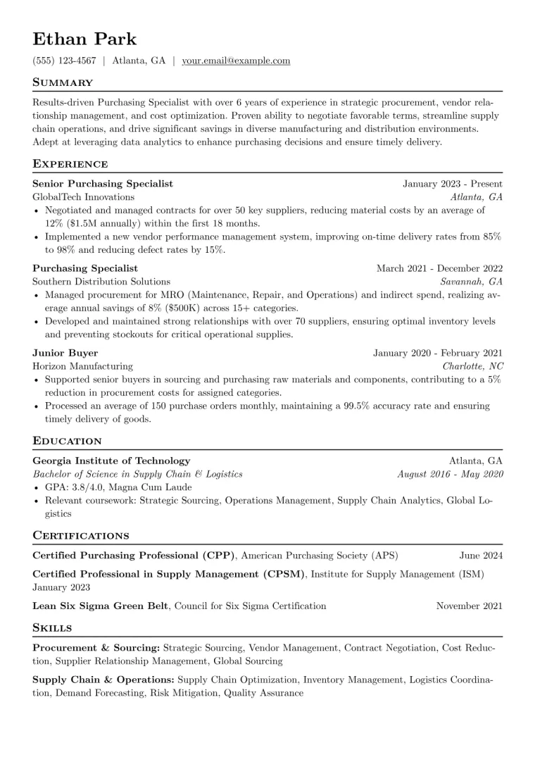 Purchasing Specialist Resume Example CV template preview