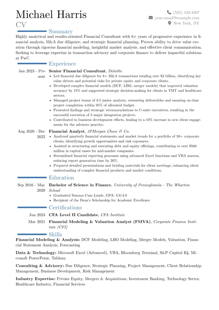 PwC Resume Example CV template preview