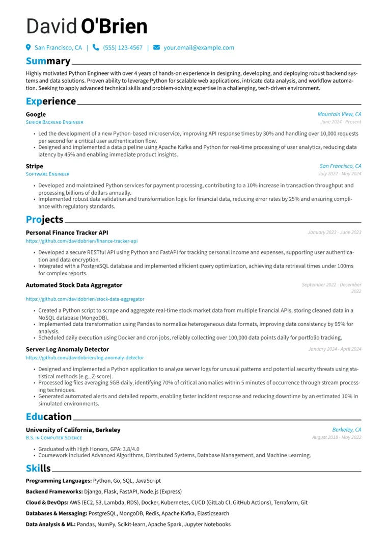 Python Engineer Resume Example CV template preview
