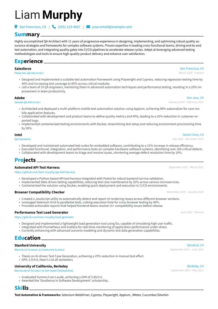 QA Architect Resume Example CV template preview