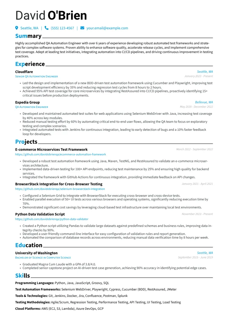 QA Automation Engineer Resume Example CV template preview