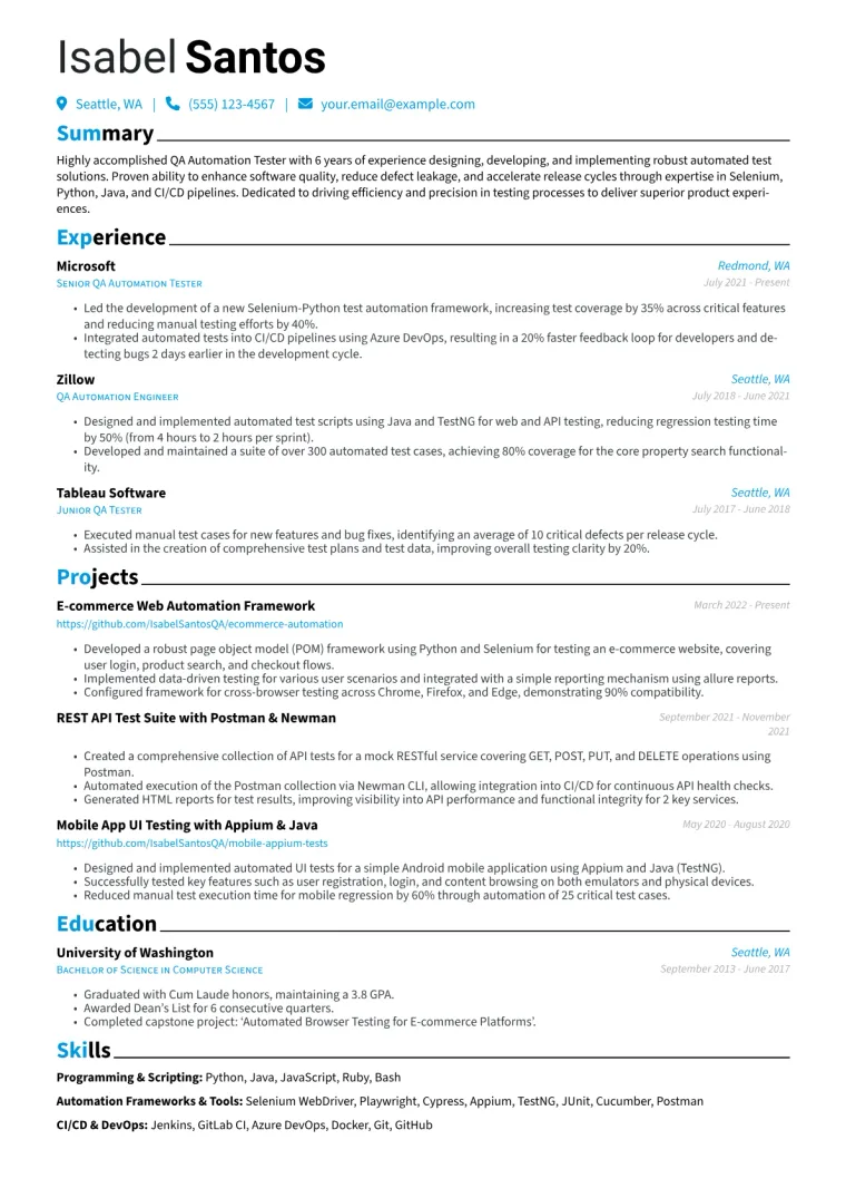 QA Automation Tester Resume Example CV template preview