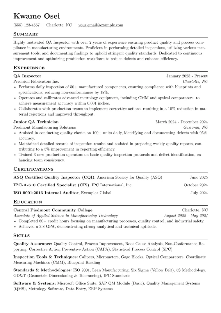 QA Inspector Resume Example CV template preview