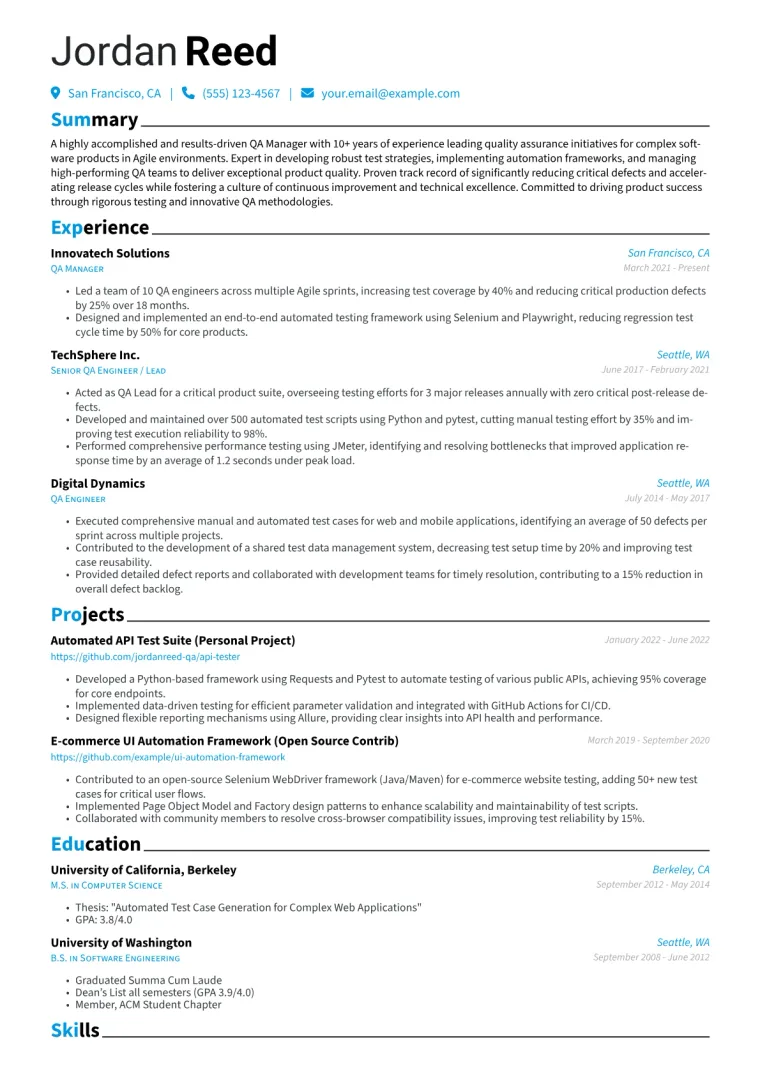 QA Manager Resume Example CV template preview