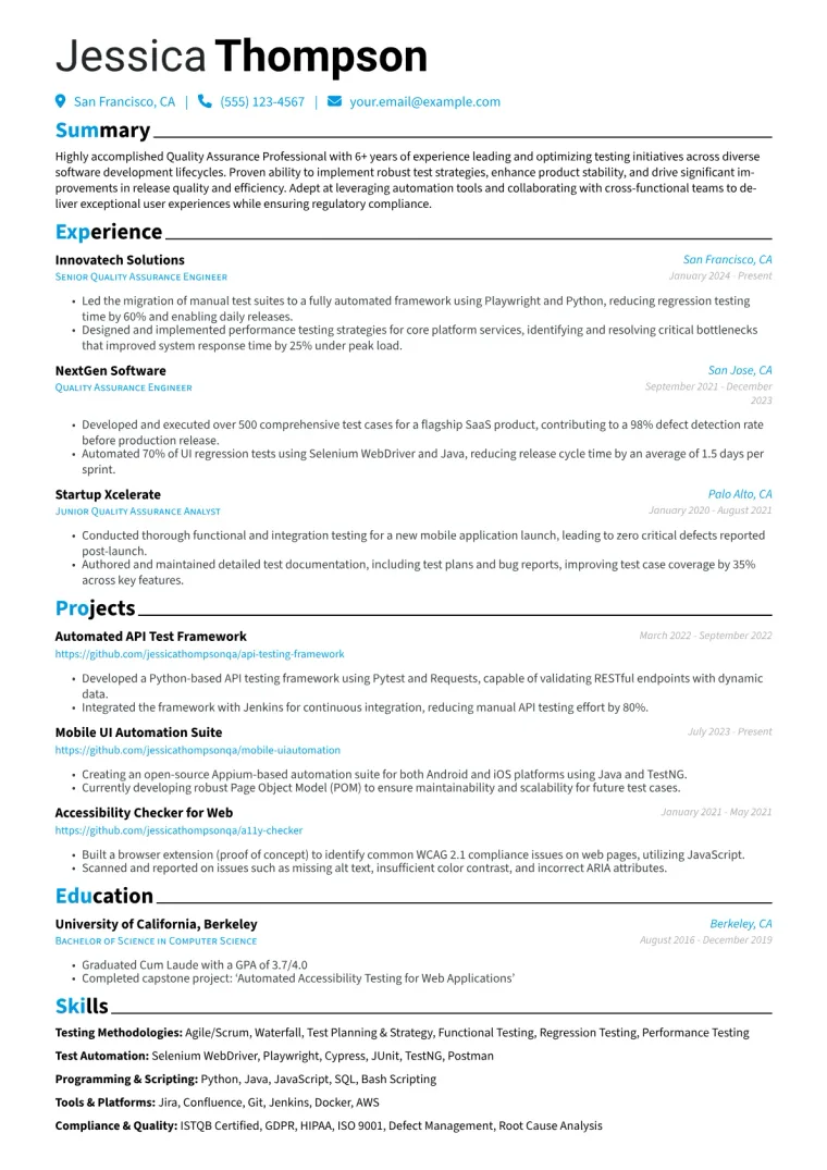 QA Professional Resume Example CV template preview