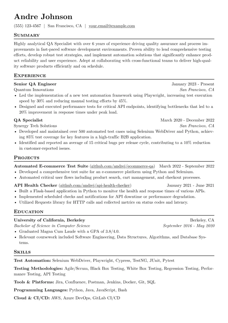 QA Specialist Resume Example CV template preview