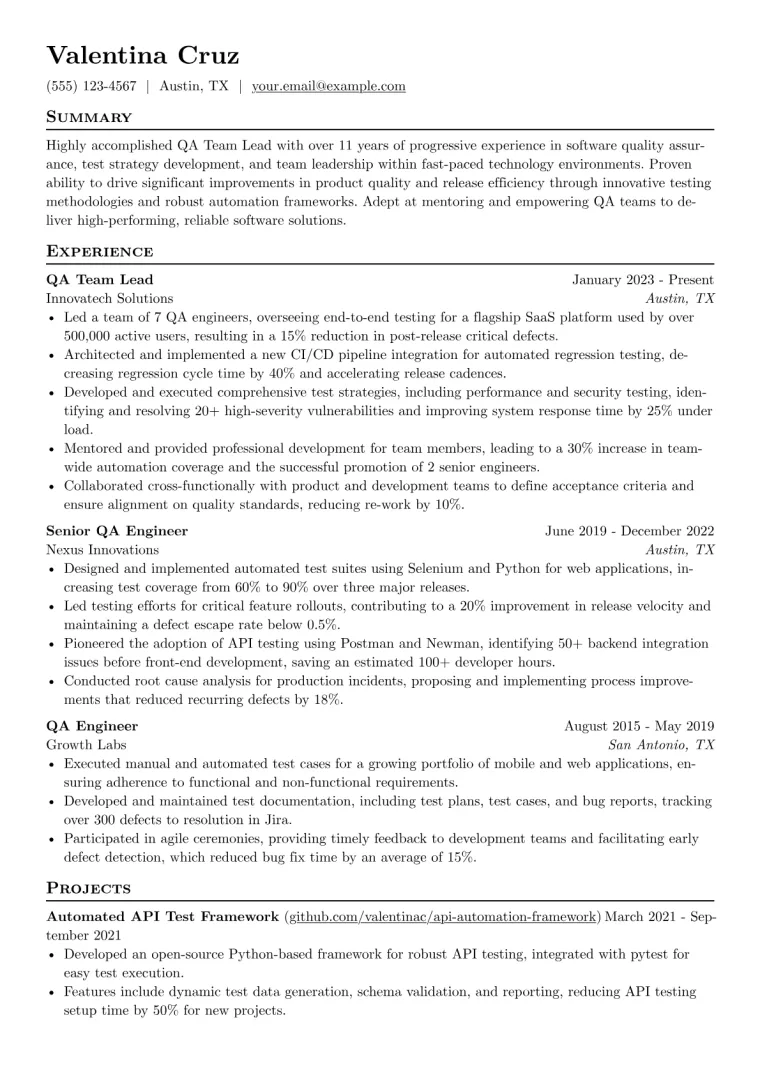 QA Team Lead Resume Example preview