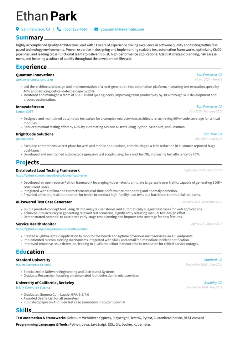 Quality Architecture Lead Resume Example CV template preview