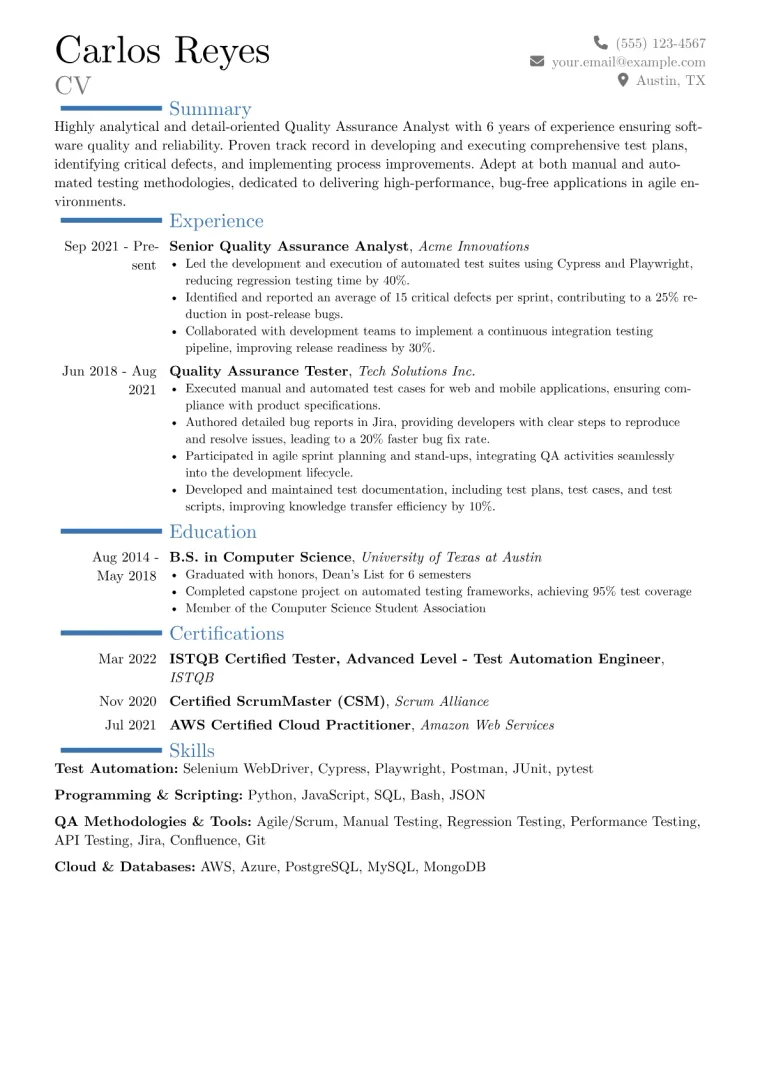 Quality Assurance Analyst Resume Example CV template preview