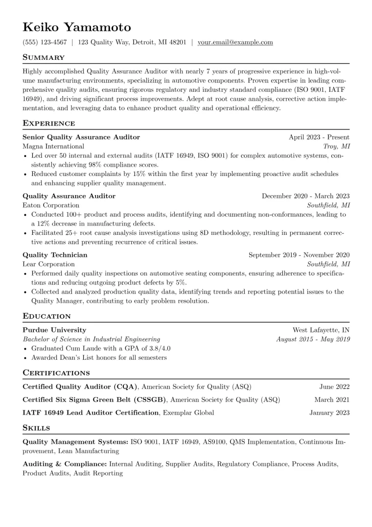 Quality Assurance Auditor Resume Example preview