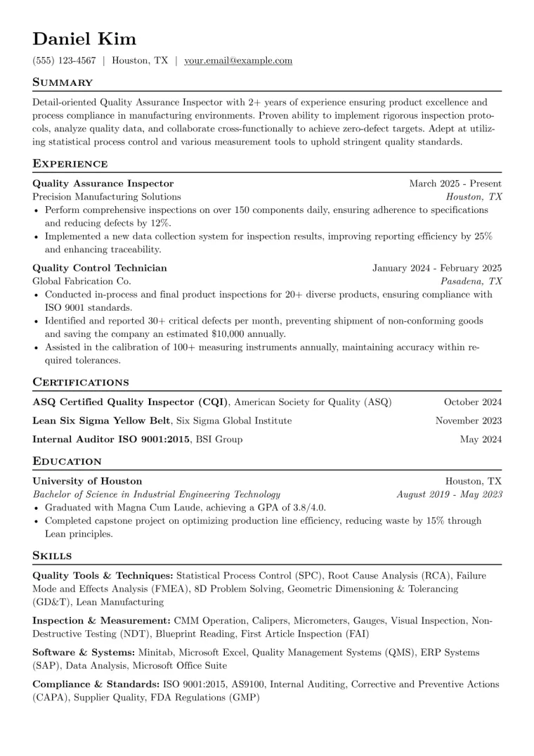 Quality Assurance Inspector Resume Example CV template preview