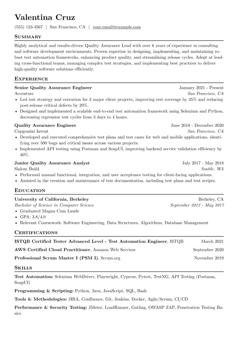 Quality Assurance Resume Example CV template preview