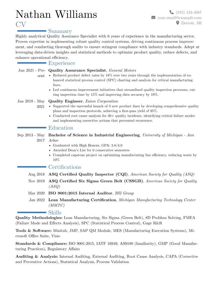 Quality Assurance Specialist Resume Example CV template preview