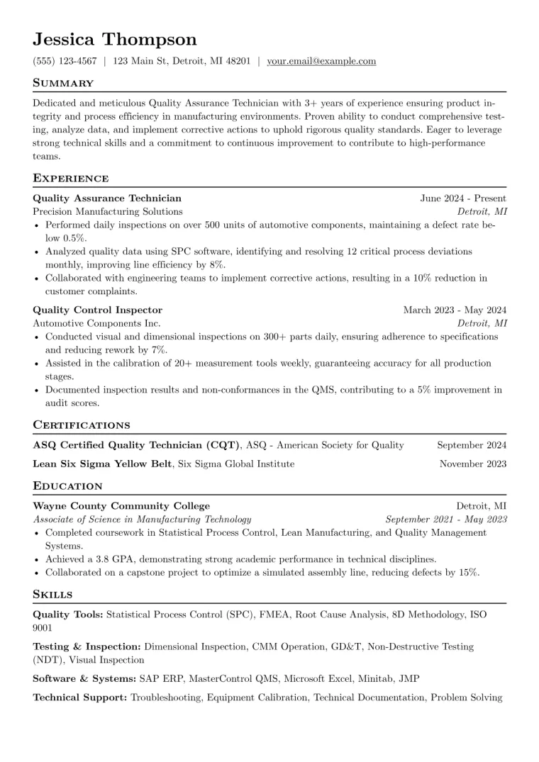 Quality Assurance Technician Resume Example CV template preview