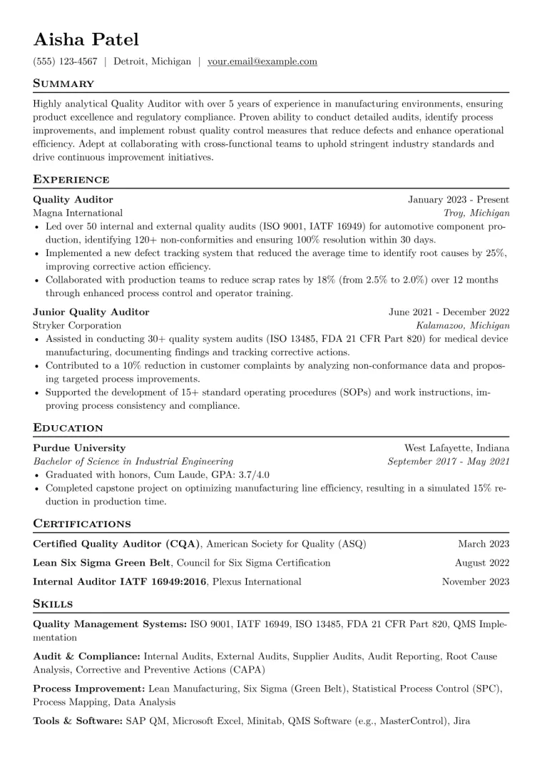 Quality Auditor Resume Example preview