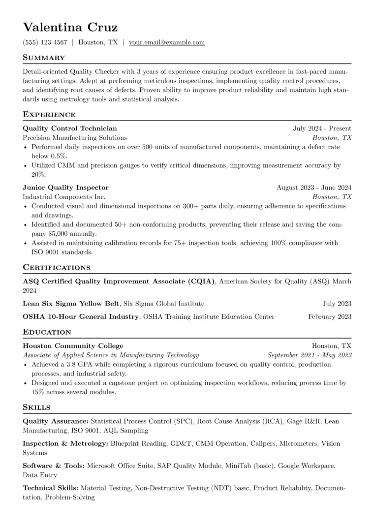 Quality Checker Resume Example preview